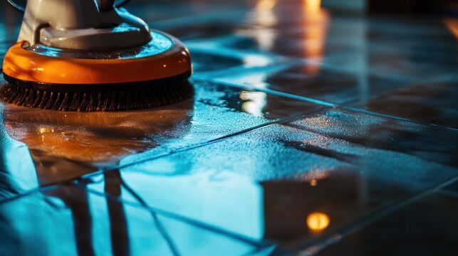Floor cleaning machine polishing tile floor at night. Use for home improvement content