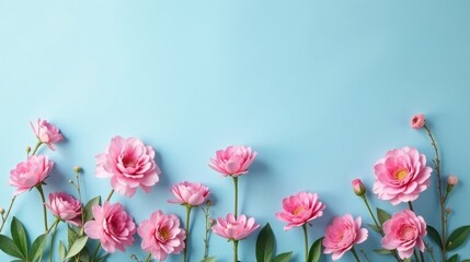 Obraz premium A Delicate Arrangement of Pink Blossoms on a Pastel Blue Background, Perfect for Springtime Greetings or Festive Celebrations
