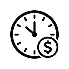 Black and white clock and dollar sign vector icon