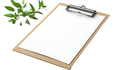 Blank Paper on Clipboard, Isolated Background, Green Leaves Mockup