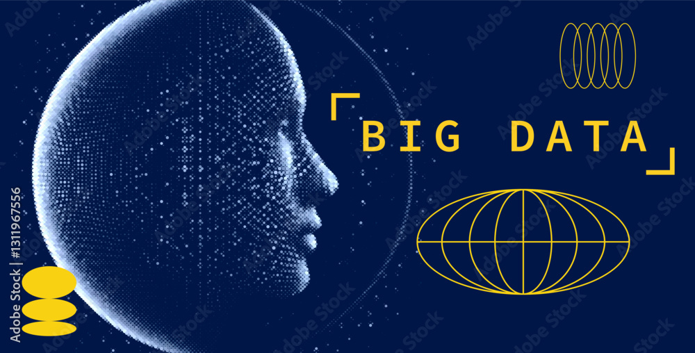 Poster futuristic illustration of a human head made of points, emphasizing the concept of big data with geo