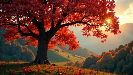 Tree in autumn on hills.