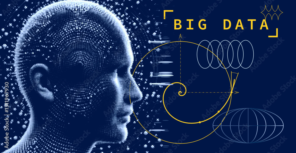 Poster futuristic illustration of a human head made of points, emphasizing the concept of big data with geo