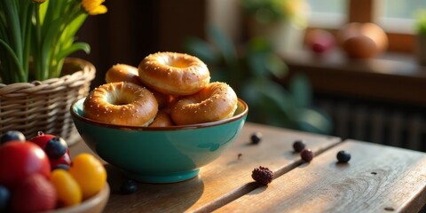 Fototapeta premium Golden-brown baked goods in teal bowl on wooden table with sunlit fruit