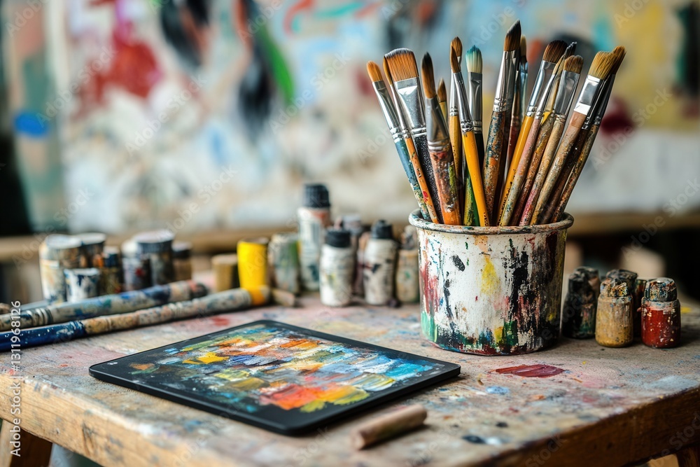Poster creative tools scattered across an artistic workspace with brushes, pencils, and digital tablets arr