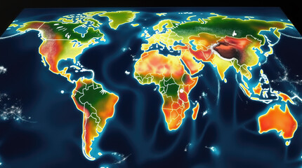 A detailed map displays the Earth's surface temperatures using a spectrum of colors. Warm areas in red contrast with cooler regions in green and blue, providing visual climate insights