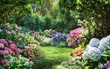 A colorful spring garden with hydrangeas, peonies, and daisies blooming, surrounded by lush greenery