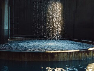 Water cascading into a circular reservoir, illuminated by a single light source