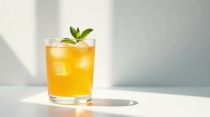 Refreshing Iced Tea Drink in Glass with Mint Garnish on White Surface