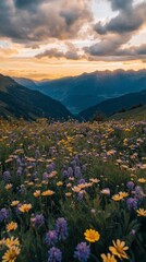Fototapeta premium Vibrant wildflower meadow stretching across a mountainous landscape under a sunset sky, captured from a bird's eye view high above