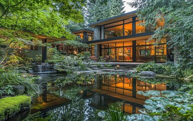 Obraz premium A contemporary home with expansive floor-to-ceiling windows, set in a forest clearing with a private pond and a zen-inspired garden