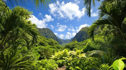 Fototapeta premium A breathtaking view of Hawaiis tropical rainforest, showcasing its lush greenery and rich biodiversity