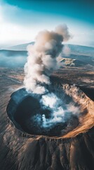 Bird eye view captures the expansive volcanic crater emitting smoke against a breathtaking horizon in a dynamic panoramic landscape