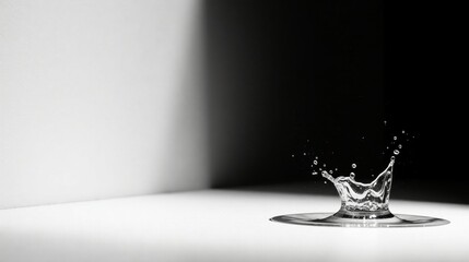A Single Drop of Water Creates a Stunning Splash on a Smooth Surface, Illuminated by a Dramatic Light Source, Highlighting the Details of the Water's Movement and Texture