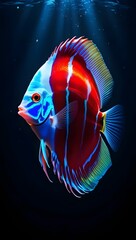 A radiant discus fish glows with fiery red, electric blue, and gold hues, floating elegantly in a dark, mystical underwater realm.