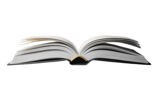 Open book with fanned pages against a black background.