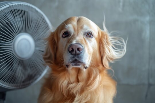 A golden retriever sitting in front of a fan - Powered by Adobe