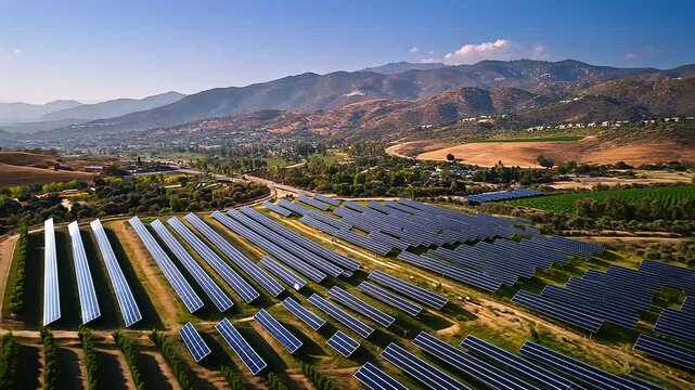 Aerial view of solar panels in a green landscape surrounded by mountains.