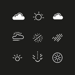 Weather Forecast Icons: Clouds, Sun, Rain, Snow, Wind in White Outline
