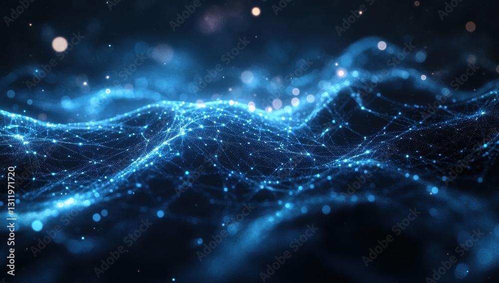 Poster abstract digital wave background with glowing particles and interconnected nodes representing data f