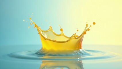 Golden liquid creating a vibrant crown-shaped splash upon impact with a tranquil surface