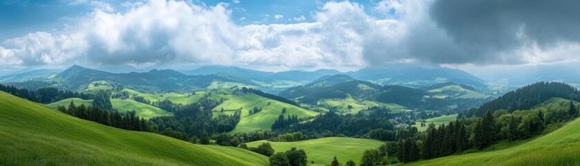 Fototapeta premium Lush green hills under a partly cloudy sky create a serene landscape, This panoramic view is ideal for nature-themed projects, travel articles, or relaxation-themed content,