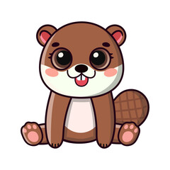 Little beaver with big eyes in kawaii style. Flat Cartoon Style. Image for card, sticker, baby clothing.