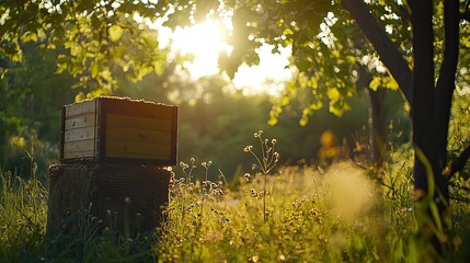 Golden sunlight bathes a beehive nestled among wildflowers and trees