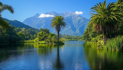 Serene lake, palm trees, mountains, lush landscape