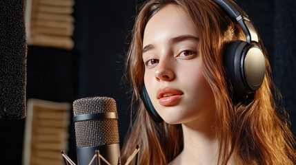 A close-up of a woman wearing headphones, speaking into a condenser microphone with animated sound waves