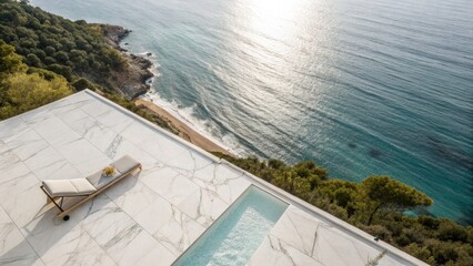 Fototapeta premium Bird's Eye View of a Warm Sea on Marble Surface - Luxury Minimalist Design with Copy Space, Perfect for Product Photography and Marketing