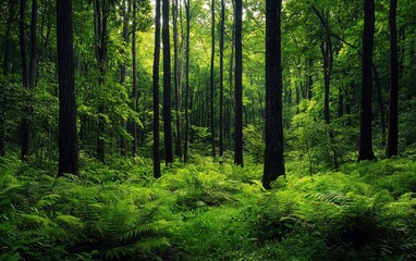 Fototapeta premium A lush forest with tall trees, vibrant green plants, and clean air, promoting sustainability and ecology