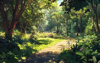 A lush, green park with a walking path and tall trees creating shaded spots in the sunlight