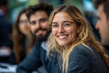 Obraz premium Smiling woman with glasses in group setting
