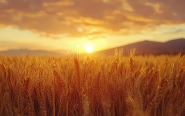 Obraz premium A golden wheat field with a vibrant orange sunset in the distance