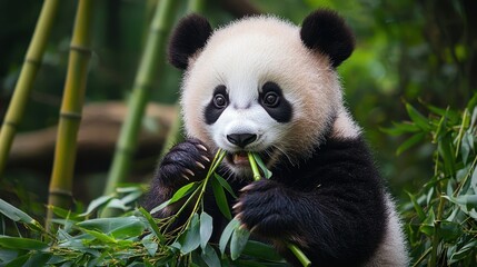 Fototapeta premium A close-up of a baby panda nibbling on bamboo in a peaceful bamboo forest