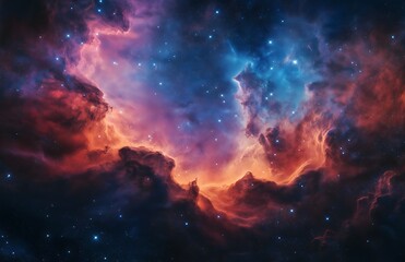 A vibrant nebula with swirling clouds of color stars