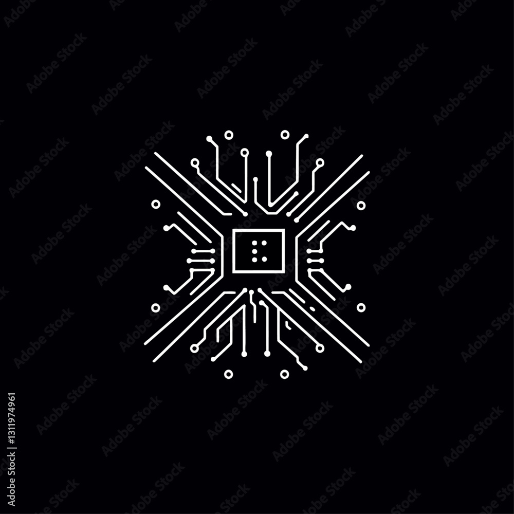 Poster black background with cpu microchip circuitry and lines concept art