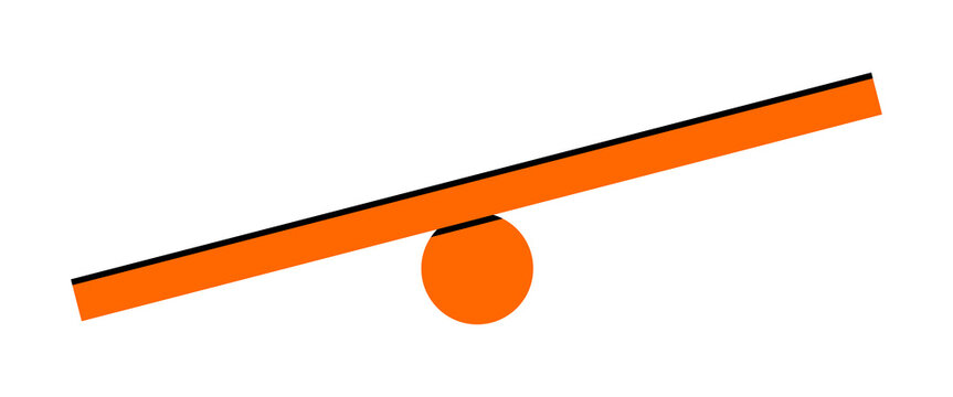 Hand drawn cute cartoon illustration of unbalance scales. Flat vector mass measurement device with tipped side doodle. Inequality in weight icon, print. Seesaw or teeterboard concept. Isolated.