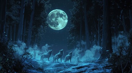 Fototapeta premium A group of wolves howling at the full moon in a dark forest, with mist swirling around their feet