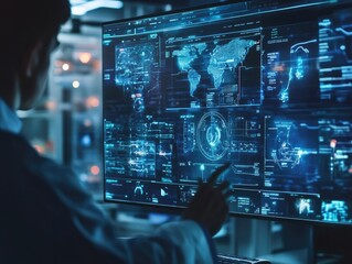 Analyzing global data flows, cyber security specialist monitoring complex systems