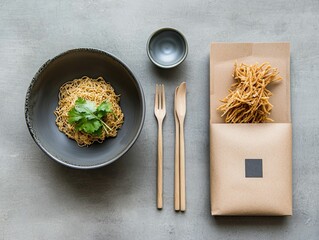 A bowl of noodles garnished with cilantro, accompanied by wooden utensils and a packaged portion of noodles, all set on a gray surface.