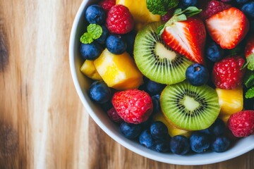 Obraz premium Still life of nutritious fruit salad with blueberries, kiwi, strawberry and pineapple for healthy breakfast or snack presented on wooden table-top in white round bowl