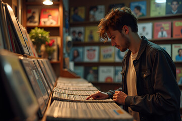 A young man of Caucasian descent is flipping through vinyl records in a cozy, dimly-lit record shop surrounded by colorful album covers