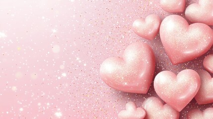 Obraz premium A collection of shimmering pink hearts glistens against a soft, sparkling background, ideal for romantic themes, Valentine's Day designs, or creative projects focused on love and affection,