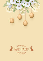 Happy Easter poster with hanging eggs, white flowers and hand drawn plants