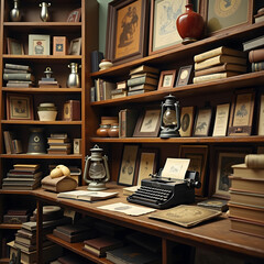 A warm sepia-toned image of an antique shop filled with retro treasures like typewriters and oil lanterns, showcasing a nostalgic atmosphere of history and charm