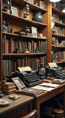 A warm sepia-toned image of an antique shop filled with retro treasures including typewriters, oil lanterns, books, and various collectibles displayed on wooden shelves