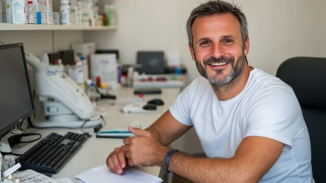 Friendly male professional in a bright office setting, engaging with viewers and showcasing a workspace