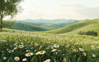 A peaceful countryside landscape with rolling hills, dotted with wildflowers and young green grass, under a clear sky